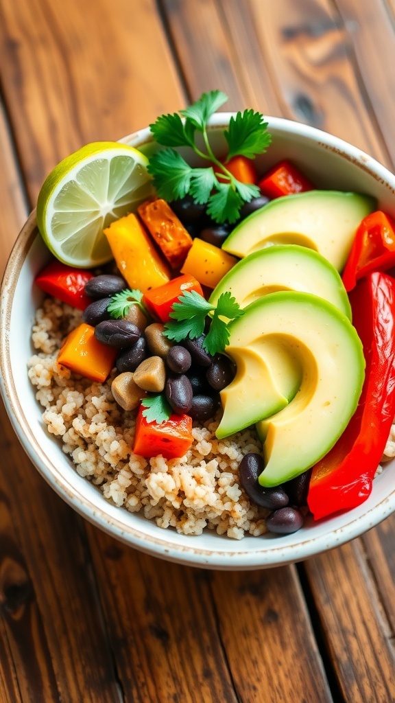 A colorful quinoa bowl with roasted vegetables, black beans, avocado, and lime on a wooden table.
